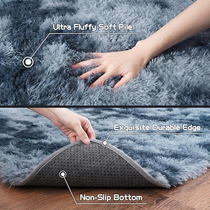 Pionblank 9x12 Area Rug, Large Area Rug for Living Room, Shag Rug for Bedroom, Soft Furry Non Slip Carpet for Kids Room Nursery Teens Dorm Home Decor, Blue Grey