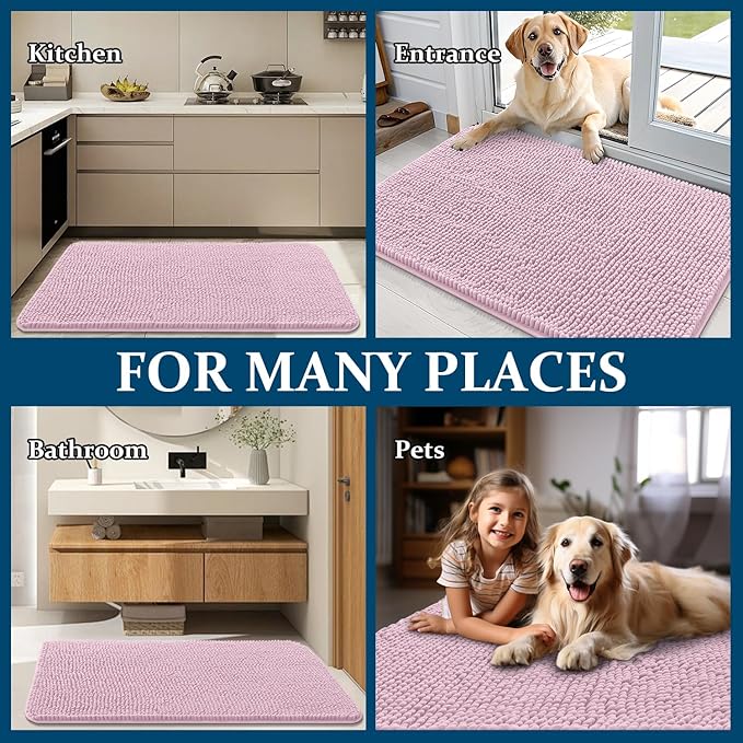 OLANLY Dog Door Mat for Muddy Paws 47x24, Absorbs Moisture and Dirt, Absorbent Non-Slip Washable Doormat, Quick Dry Chenille Mud Mat for Dogs, Entry Indoor Entryway Carpet for Inside Floor, Dusty Rose
