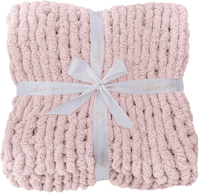 Bigacogo Chunky Knit Throw Blanket for Couch, 40x40 inches, 100% Hand Knitted with Thick Jumbo Chenille Yarn, Cozy Soft Large Rope Knot Cable Crochet Blankets for Sofa Bed Living Room, Rose Tan