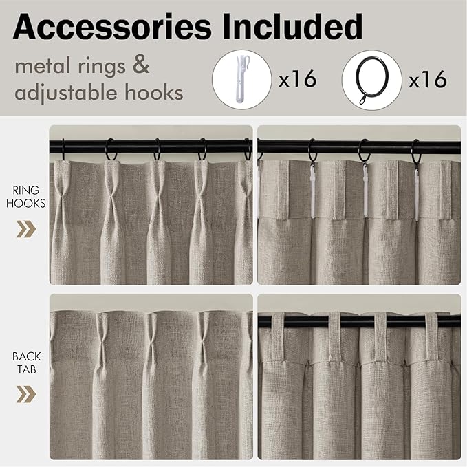 MIULEE Pinch Pleated Thick Linen Curtains 96 Inches Long 2 Panels for Living Room Bedroom, Memory Trained Pleat Drapes Light Filtering Taupe Semi Sheer Window Curtains Hooks Rings Back Tab
