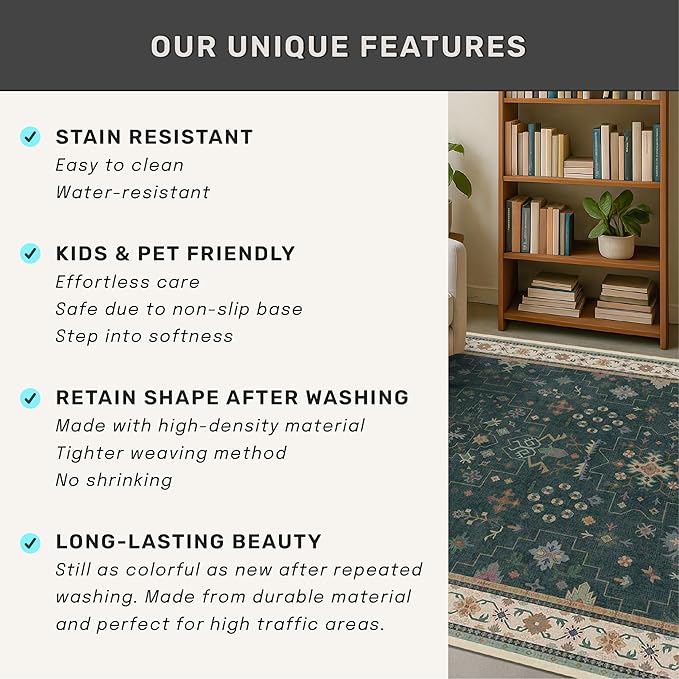 Hazo Haus Dark Green 2x8 Non Slip Kitchen Runner Rugs - Modern Vintage Boho Eclectic Floral Pattern, Washable Low Pile Non-Slip 8ft Long Runner Rugs for Hallway, Entrance
