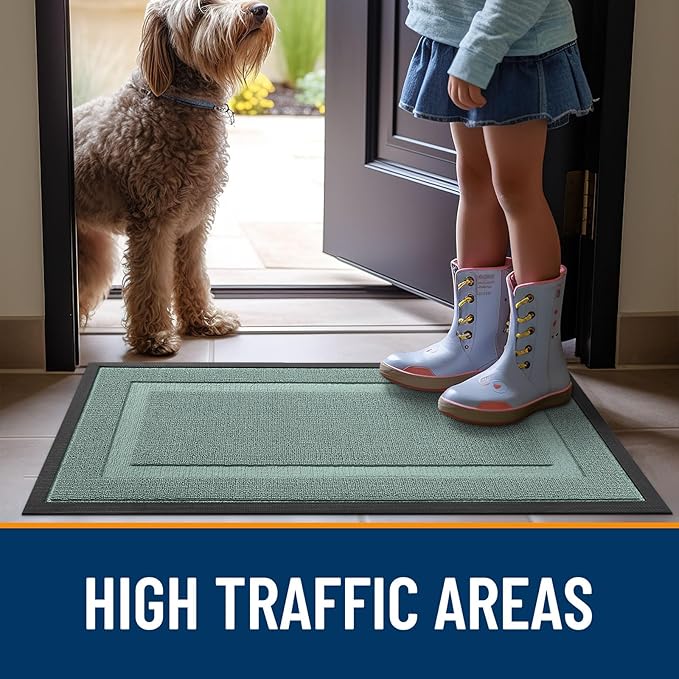 OLANLY Front Door Mat Indoor Outdoor Entrance, Waterproof All-Season, All-Weather Doormat, Sturdy Natural Rubber, Low Profile, Easy Clean Patio Porch Entryway Mat, 59x23, Grayish Green
