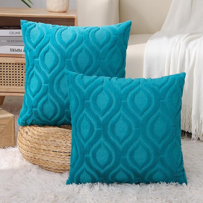 decorUhome Summer Throw Pillow Covers 16x16 Inch Set of 2, Soft Plush Faux Wool Teal Solid Couch Pillow Covers, Accent Farmhouse Neutral Square Pillow Cases for Sofa Bed Living Room