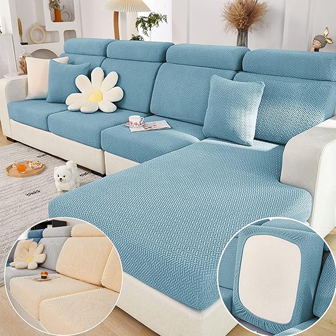 Couch Cushion Covers for Sofa Couch Covers Wear-Resistant Universal Sofa Cover Washable Stretch for Sectional Slipcovers (Texture-Sea Blue,Large Single Seat Cover)