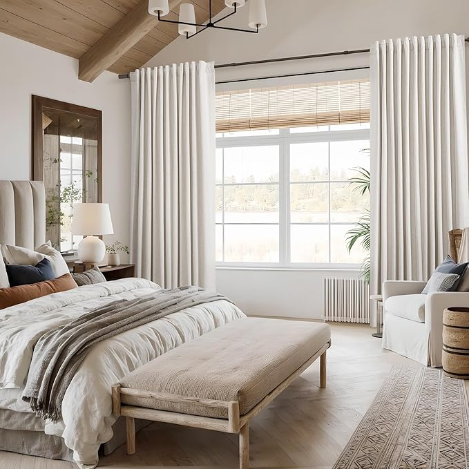 Beige White 100% Blackout Linen Curtains 90 Inch Length 2 Panels Set for Living Room Bedroom Back Tab Thermal Insulated Black Out Drapes Room Darkening Farmhouse Style for Bedroom Window Curtains