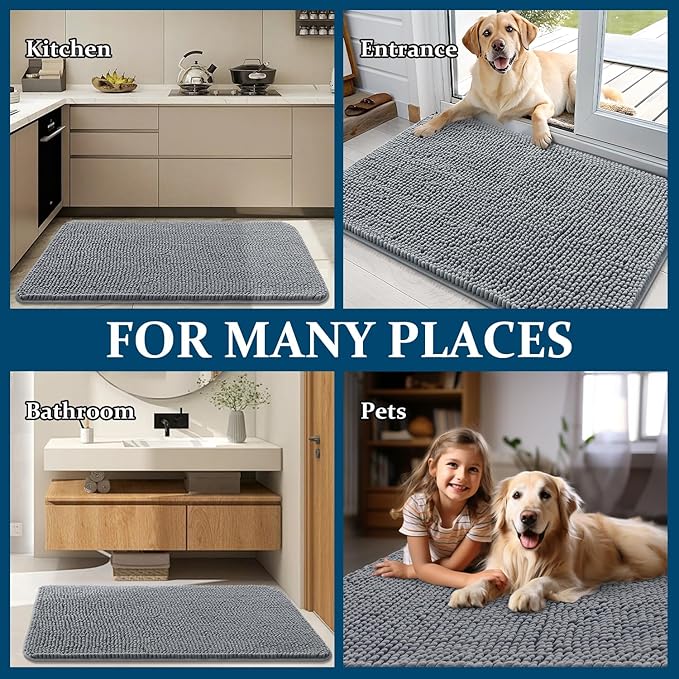 OLANLY Dog Door Mat for Muddy Paws 40x32, Absorbs Moisture and Dirt, Absorbent Non-Slip Washable Doormat, Quick Dry Chenille Mud Mat for Dogs, Entry Indoor Entryway Carpet for Inside Floor, Grey