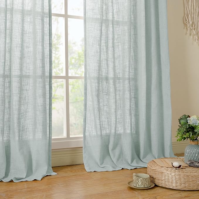 LAMIT Linen Semi Sheer Curtains 96 inches Long 2 Panels Set, Light Filtering Panels Back Tab and Rod Pocket Floor to Ceiling Curtains for Bedroom/Living Room, Greyish Blue, 52 x 96 Inch