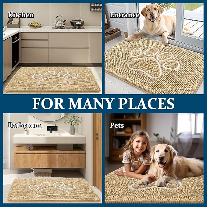 OLANLY Dog Door Mat for Muddy Paws 35x24, Paw Print Design, Absorbs Moisture and Dirt, Absorbent Non-Slip Washable Doormat, Quick Dry Chenille Mud Mat for Dogs, Entry Indoor Entryway Carpet, Beige