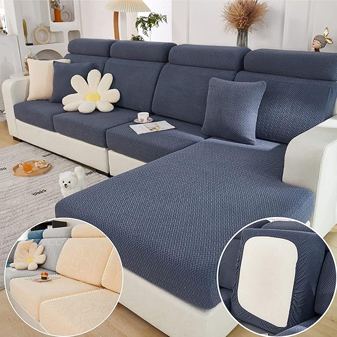 Couch Cushion Covers for Sofa Couch Covers Wear-Resistant Universal Sofa Cover Washable Stretch for Sectional Slipcovers (Texture-Gray Blue,Large Single Seat Cover)