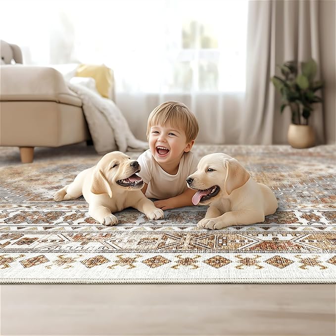 Washable Rugs 8x10 Area Rugs for Living Room, Non-Slip Backing Large Rug for Nursery Room, Vintage Floral Bedroom Rugs, Thin Indoor Home Decor Soft Farmhouse Rug (Orange,8'x10')