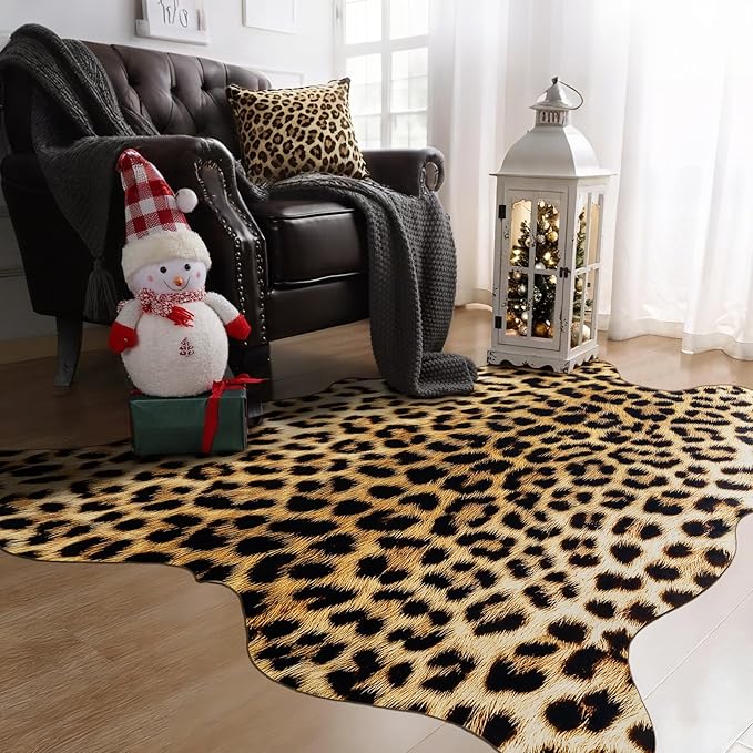 AROGAN Western Decor Faux Fur Leopard Rug, 8 x 10 Feet Premium Animal Skin Leopard Hide Rug, Sturdy Cheetah Print Rugs for Wall Decor, Western Floor Carpet for Bedroom Living Room, Black and Gold