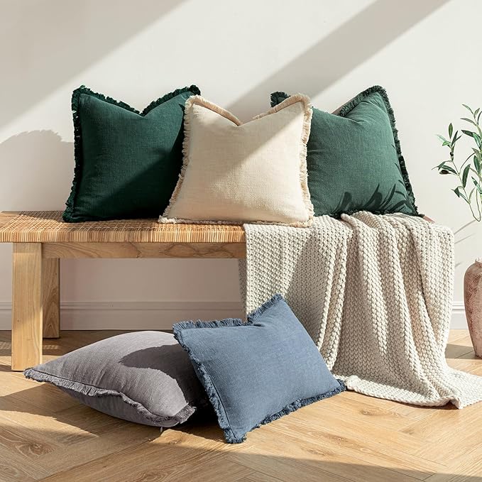 MIULEE Decorative Throw Pillow Covers Neutral Linen Fringe Throw Pillows Set of 2 Navy Blue Boho Farmhouse Cushion Covers with Tassels for Couch Sofa Bed Living Room Spring Home Decor 16x16 Inch