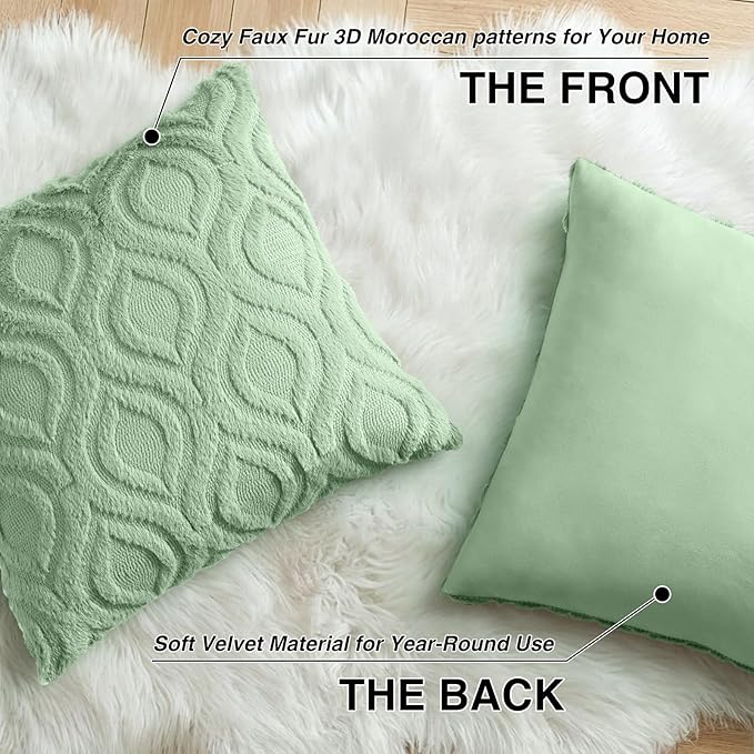 decorUhome Throw Pillow Covers 18x18 Inch Set of 2, Soft Plush Faux Wool Sage Green Solid Couch Pillow Covers, Accent Farmhouse Neutral Square Pillow Cases for Sofa Bed Living Room