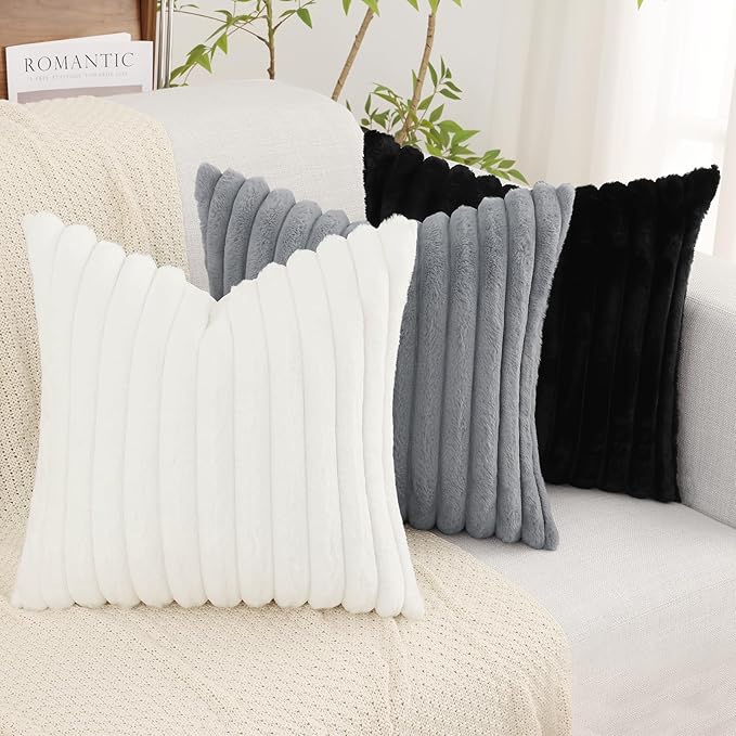 decorUhome Cozy Faux Fur Throw Pillow Covers 24x24 Set of 2 Decorative Soft Plush Striped Modern Farmhouse Boho Couch Euro Sham Pillow Cases with Velvet Back for Sofa Bed Living Room, Black