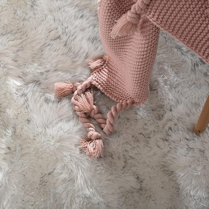 Goolela Sheepskin Area Rug 9x12 Fluffy Fuzzy Furry Rug for Living Room Bedroom Faux Fur Shaggy Plush Rectangle - White with Grey Tips