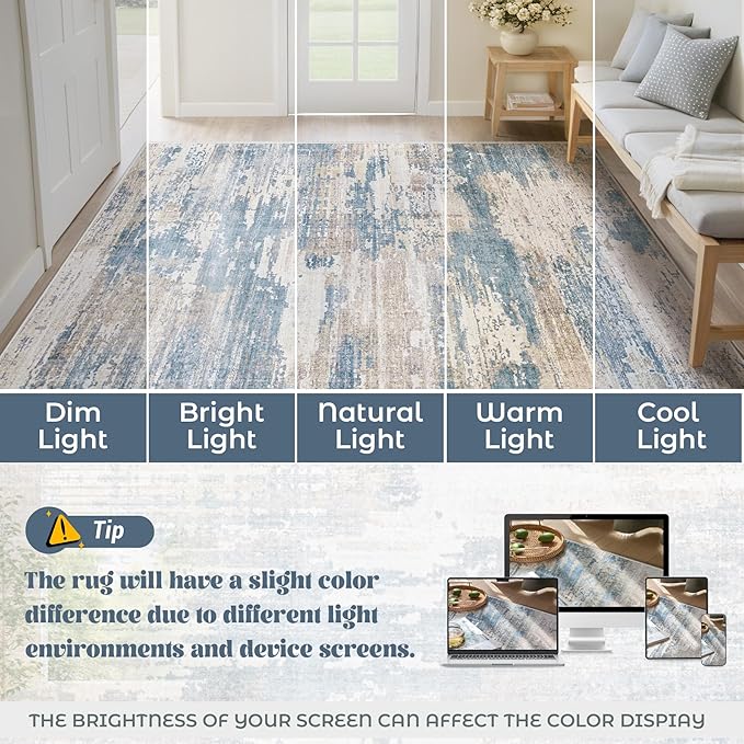 6x9 Area Rugs for Living Room, Washable Modern Abstract Large Area Rug Neutral Soft Non Slip Kids Rug Stain Resistant Indoor Carpet for Bedroom Nursery Dining Room Playroom(BlueBeige, 6'x9')