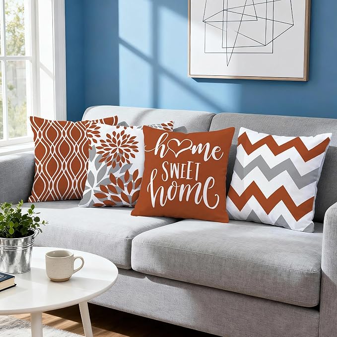 Hexagram Geometric Burnt Orange Pillow Covers 18x18 Set of 4, Decorative Outdoor Boho Modern Throw Pillow Covers, Home Sweet Home Farmhouse Cushion Case for Couch Sofa Bedroom Indoor Decor(No Insert)