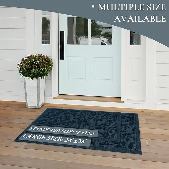 Blue Leaves Outdoor Indoor Entrance Doormats, Absorbent Durable Heavy Duty Welcome Front Door Mat,Thick Natural Rubber Back,Easy Clean Entryway Mat 17x30 Inch, Low Profile