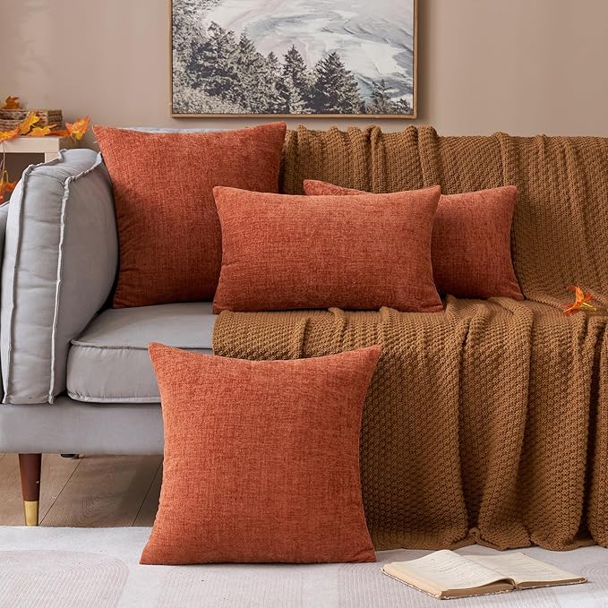 MIULEE Pack of 2 Couch Throw Pillow Covers 18x18 Inch Soft Burnt Orange Chenille Pillow Covers for Sofa Living Room Solid Dyed Pillow Cases
