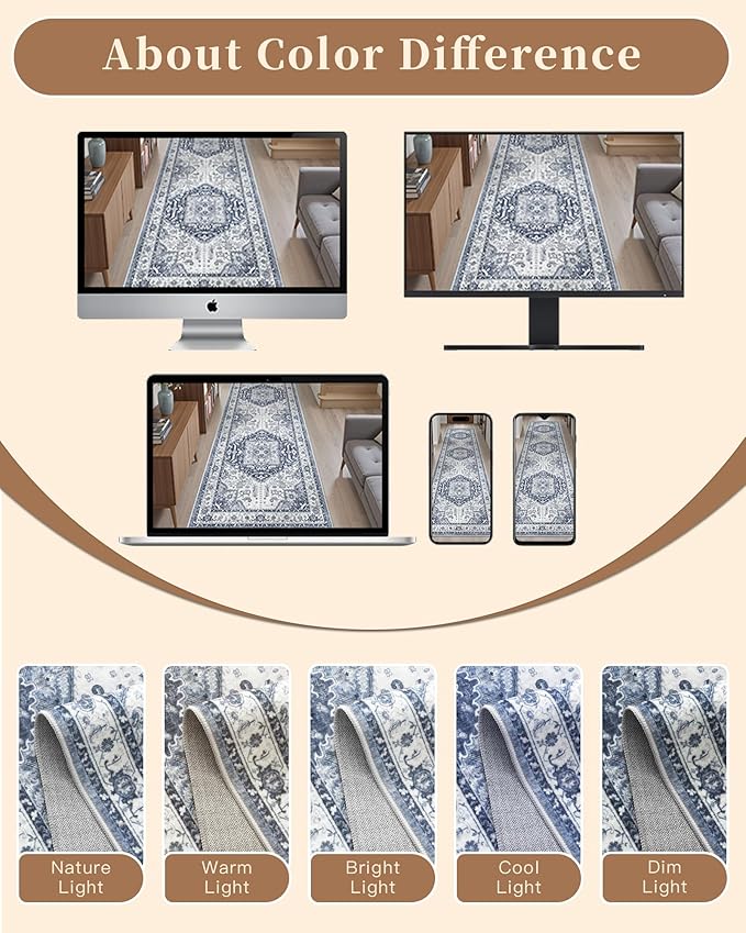 Madane Hallway Washable Runner Rug - 2x10 Kitchen Rugs Entryway Rug Runner Vintage Soft Floor Mat Non Slip Indoor Farmhouse Carpet for Bathroom Living Room Bedroom (2 X 10, Navy/White)