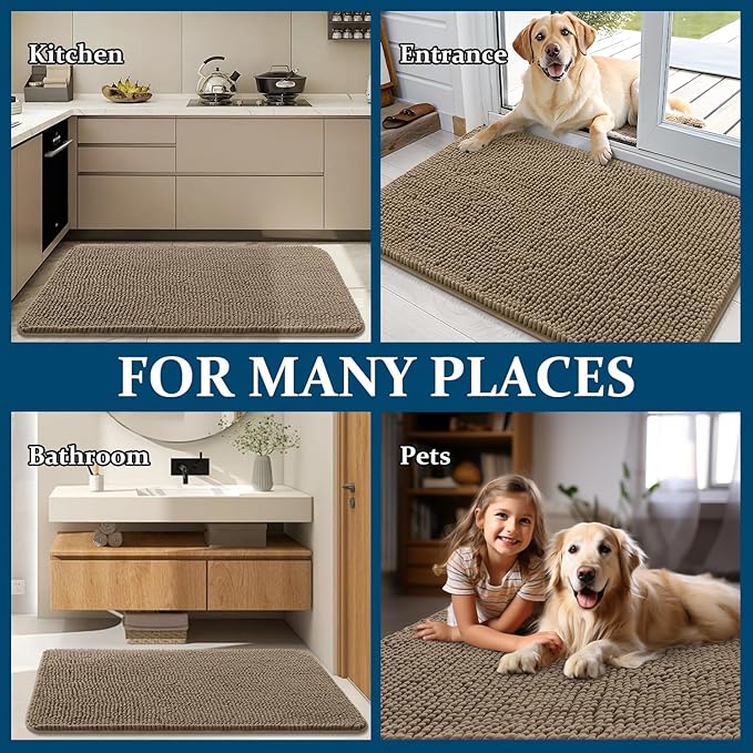 OLANLY Dog Door Mat for Muddy Paws 47x17, Absorbs Moisture and Dirt, Absorbent Non-Slip Washable Doormat, Quick Dry Chenille Mud Mat for Dogs, Entry Indoor Entryway Carpet for Inside Floor, Tan