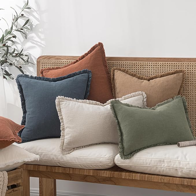 MIULEE Decorative Throw Pillow Covers Neutral Linen Fringe Throw Pillows Set of 2 Light Olive Green Boho Farmhouse Cushion Covers for Couch Sofa Bed Living Room Spring Home Decor 18x18 Inch