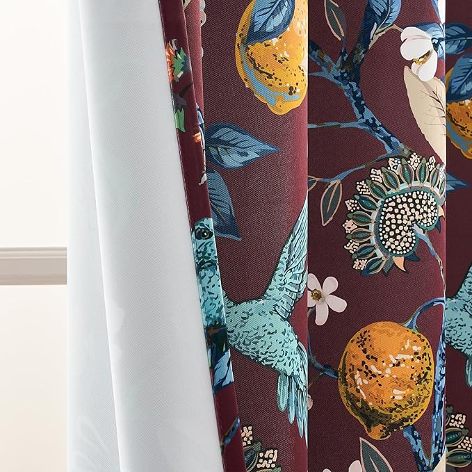 Rust Vintage Floral Curtains 84 Inch Long Luxury Whimsical Euro Flower Lemon Hummingbird Patterned Waverly Mid Century Colorful Blackout Drapes for Living Room Bedroom