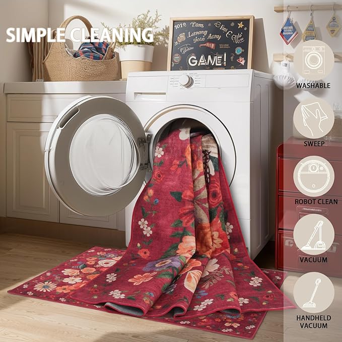 Floral Rug for Entryway, 2x3 Washable Kitchen Mat Ultra-Thin Soft, Non-Slip Indoor Door Carpet Stain Resistant Boho Small Low-Pile Throw for Bathroom Bedroom (2 x 3, Red Garden)
