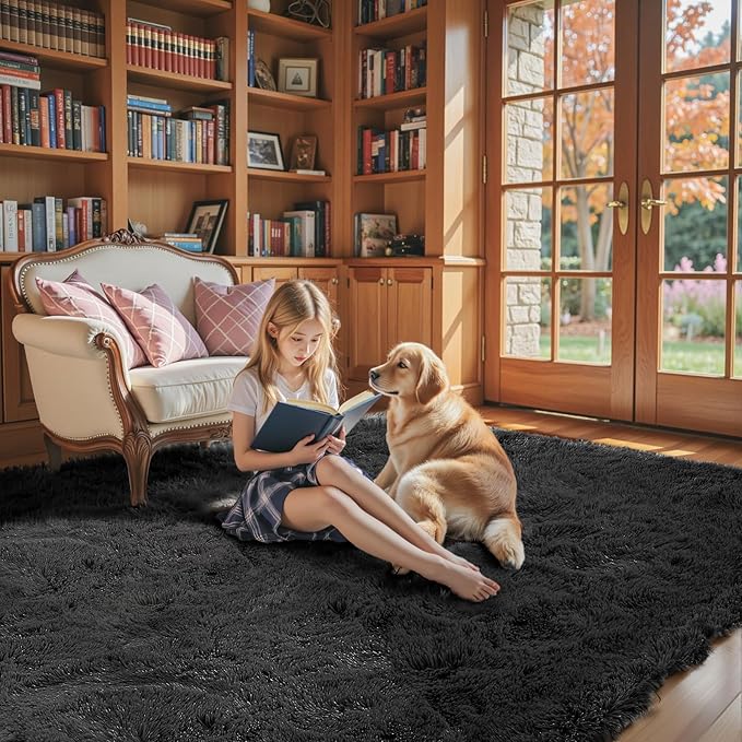 Area Rugs 9x12 Living Room, Large Area Rug Shag Shaggy Carpet Soft Plush Furry Bedside Rug, Machine Washable Area Rugs for Bedroom Kids Girls Boys Home Decor Anti Slip(9 x 12, Black)