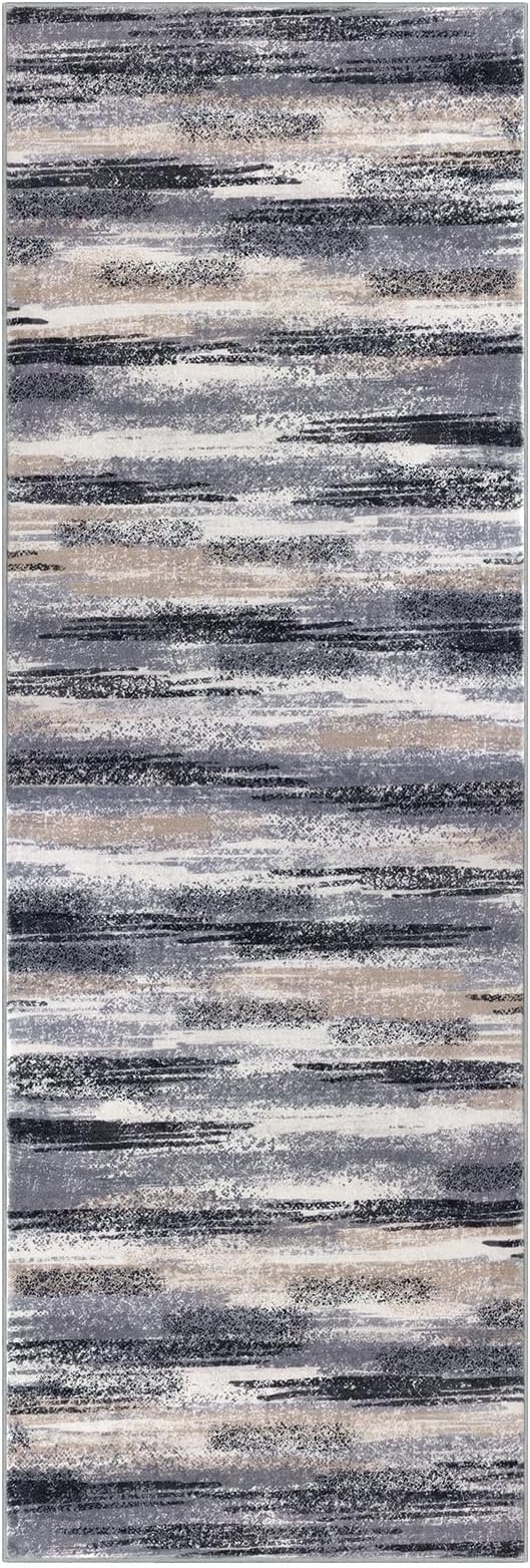 Lansny Modern Abstract Hallway Runner Rug, Grey Black Multi Washable Kitchen Runner Non-Slip Soft 2x8 Runner Rug Thin Print Faux Wool Carpet for Entryway Bedroom Laundry Room Indoor Home Decor