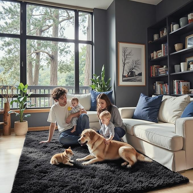 Small Area Rugs 2x3 Feet, Black Rug for Bedroom Dorm, Modern Shag Bedroom Mat, Small Carpet, Fluffy Bedside Rug for Girls Dorm Room Home Decor(2 x 3, Black)