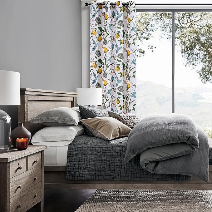 Topfinel White Blackout Window Toppers Curtains 18 Inch Length White Floral Leaf Hummingbird Lemon Printed Grommet Valances for Kitchen Bathroom, Thermal Insulated Grommet Half Window Curtain Set of 2