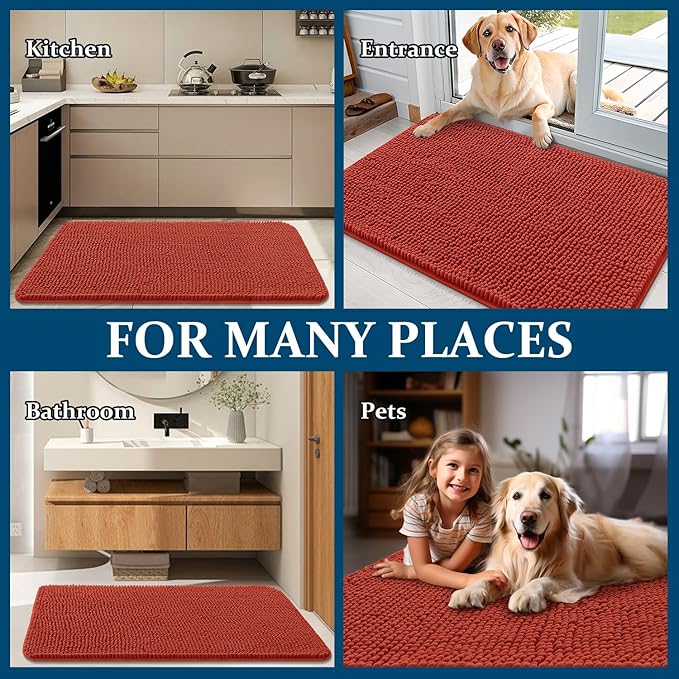 OLANLY Dog Door Mat for Muddy Paws 47x32, Absorbs Moisture and Dirt, Absorbent Non-Slip Washable Doormat, Quick Dry Chenille Mud Mat for Dogs, Entry Indoor Entryway Carpet for Inside Floor, Maple Red