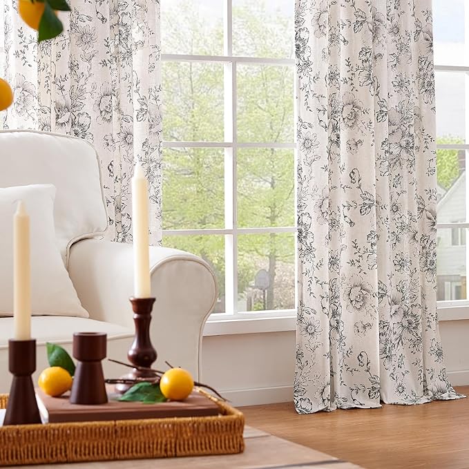 jinchan Linen Blend Curtain Floral Curtains for Living Room 84 Inch Length Black Printed Curtain Rod Pocket Back Tab Farmhouse Peony Flower Patterned Drapes Bedroom Window Curtains Set 2 Panels