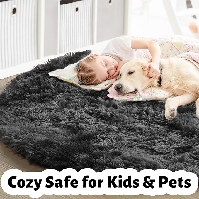 Amdrebio Tie-Dyed Dark Grey Round Area Rugs for Living Room, 6x6 Rug, Soft Thick Large Circle Rug for Bedroom, Big Shag Fluffy Fuzzy Carpet for Mens Boys Kids Room, Modern Cool Floor Circular Rug