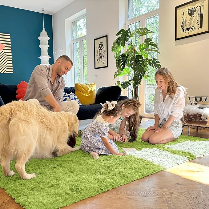 OLANLY 8x10 Machine Washable Large Area Rugs for Living Room, Bedroom, Soft Fluffy Shaggy Bedside Rug, Indoor Floor Carpet for Kids Girls and Boys, Dorms, Nursery, Home Decor Aesthetic, Grass Green