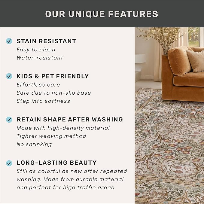 Moss Green 3x10 ft Extra Long Wide Runner Rug for Hallway Non Slip Washable, Large Kitchen Indoor Floor Rugs for Entryway Bathroom Bedroom, Stain Resistant Vintage Neutral Floral Carpet