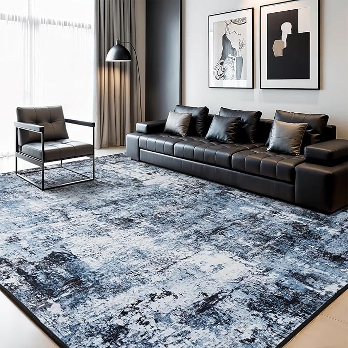 Rugflix 8x10 Area Rugs for Living Room, Washable Large Rug Stain-Resistant Low Pile, Modern Dark Carpet for Dining Room Home Office Kid Room Nursery Bedroom, Navy Blue/Black