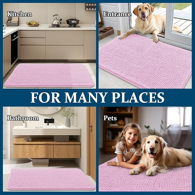 OLANLY Dog Door Mat for Muddy Paws 54x24, Absorbs Moisture and Dirt, Absorbent Non-Slip Washable Doormat, Quick Dry Chenille Mud Mat for Dogs, Entry Indoor Entryway Carpet for Inside Floor, Pink