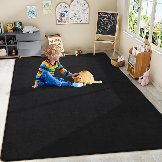 Amearea Large Modern Area Rugs for Bedroom Living Room, 5x8 Feet Black Thickened Memory Foam Rug, Fluffy Indoor Washable Rugs Non Slip Minimalist Carpet for Boys Girls Dorm Nursery Room Decor