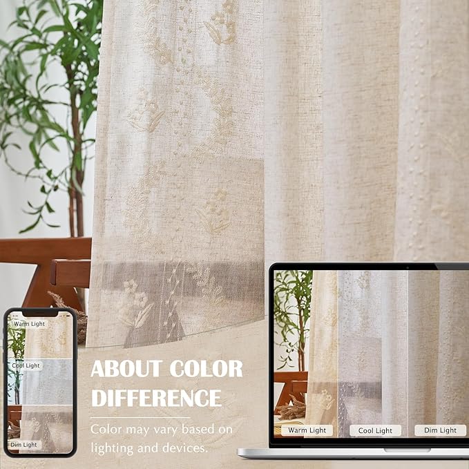 jinchan Belrose Linen Curtains for Bedroom Floral Curtains 90 Inch Length Linen Blend Ivory Embroidered Drapes Farmhouse Flower Patterned Drapes for Living Room Window Treatments Set 2 Panels