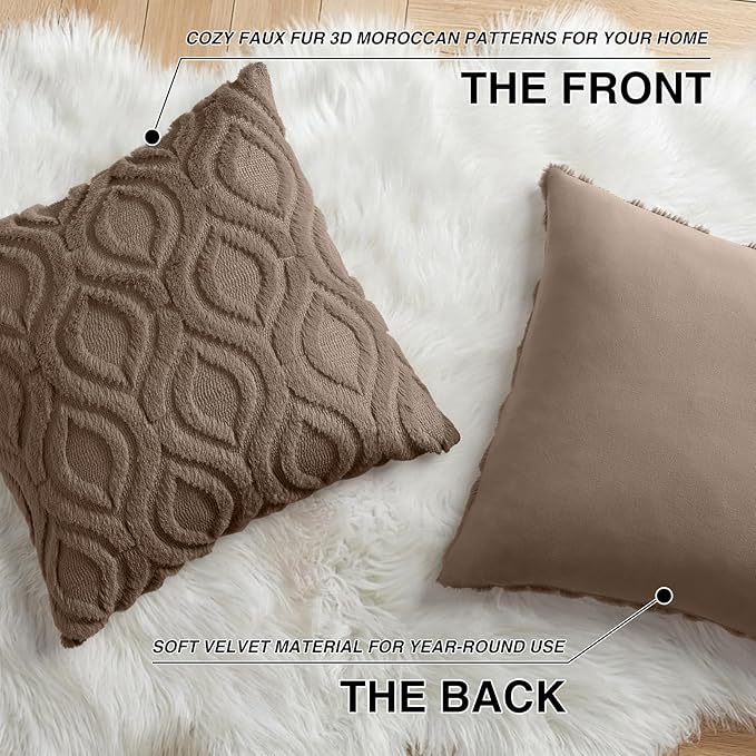 decorUhome Throw Pillow Covers 16x16 Inch Set of 2, Soft Plush Faux Wool Brown Solid Couch Pillow Covers, Accent Farmhouse Neutral Square Pillow Cases for Sofa Bed Living Room