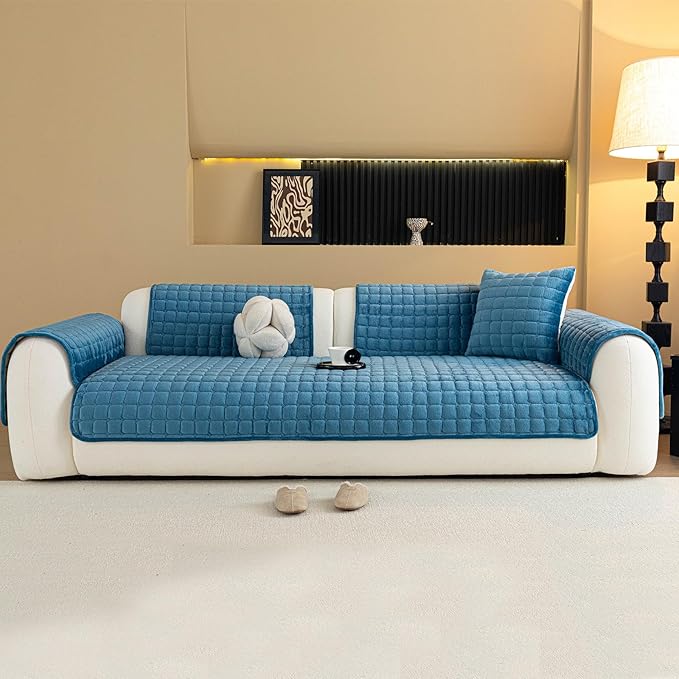 Velvet Couch Cover, Plush Sectional Sofa Cover Washable, Anti Slip Sofa Slipcover for Armrest & Backrest, Furniture Protector Covers for Pets & Kids(1PC, Black, 35.4"×35.4", Single Seater)