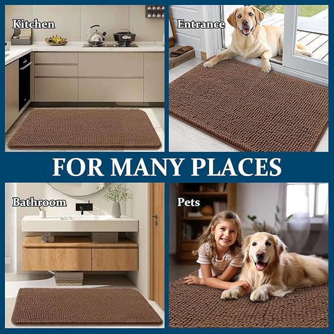 OLANLY Dog Door Mat for Muddy Paws 70x35, Absorbs Moisture and Dirt, Absorbent Non-Slip Washable Doormat, Quick Dry Chenille Mud Mat for Dogs, Entry Indoor Entryway Carpet for Inside Floor, Mocha
