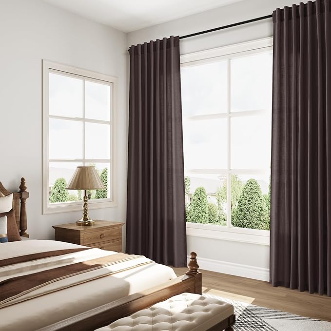 Extra Long Curtain Cocoa Coffee Morden Linen Blend Light Filtering Back Tab Curtains for Long Winodws 120 Inches Length, Semi Sheer Privacy Drapes for Living Room, 52x120 inch, 2 Panels