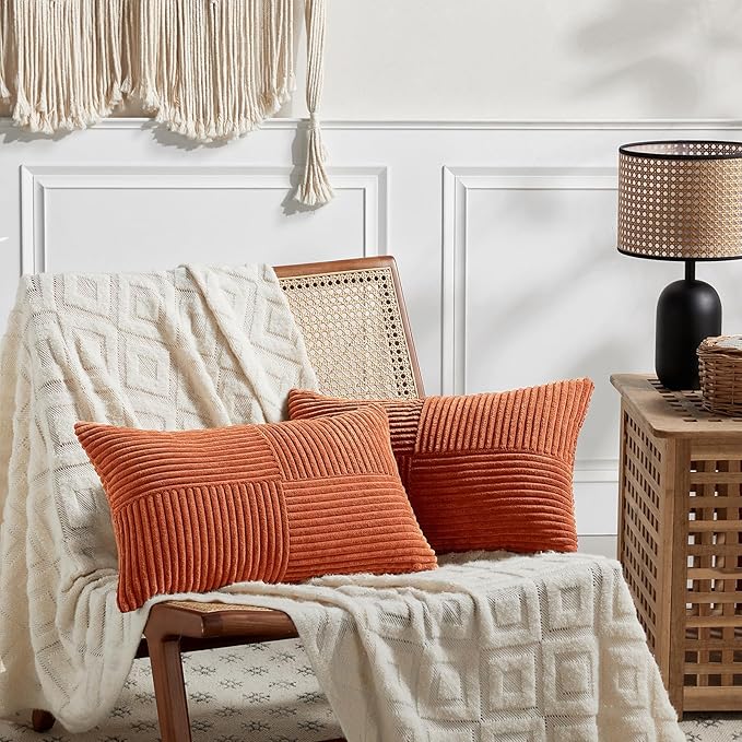Fancy Homi Set of 2 Burnt Orange Lumbar Decorative Throw Pillow Covers 16x32 Inch for Living Room Couch Bed, Boho Farmhouse Fall Home Decor, Soft Corduroy Corss Patchwork Cushion Case 40x80 cm