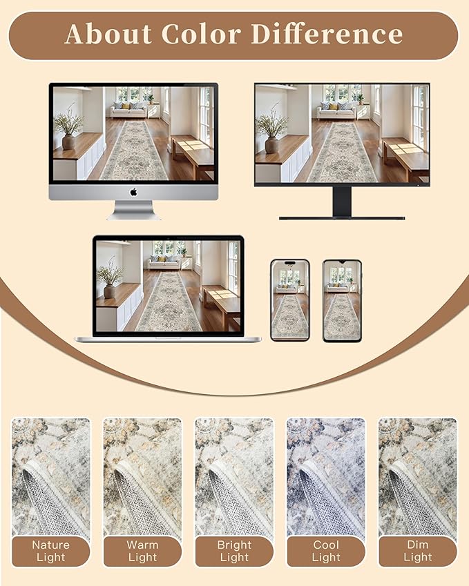 Madane Hallway Runner Rug - 2x5 Rug Runner Washable Runner Rugs Non-Slip Low-Pile Kitchen Runner Rug Laundry Room Rug Throw Carpet for Entrance Bedroom Living Room (2'x5', Light Taupe Brown)