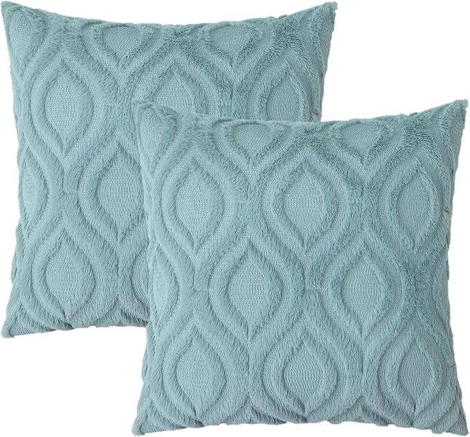 decorUhome Summer Throw Pillow Covers 18x18 Inch Set of 2, Soft Plush Faux Wool Aqua Solid Couch Pillow Covers, Accent Farmhouse Neutral Square Pillow Cases for Sofa Bed Living Room