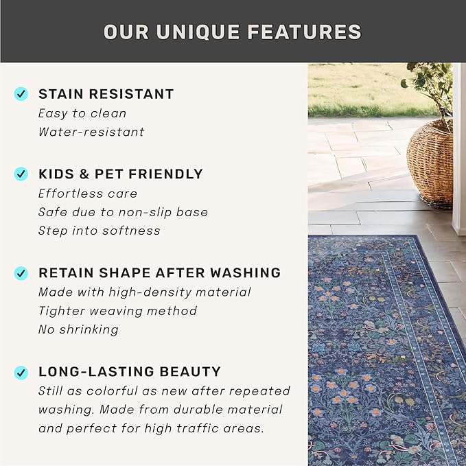 Hazo Haus Boho 8x12 Washable Dark Blue Rug for Living Room - Large Area Rug for Dining Room Under Table, Bedroom Under Bed, Vintage Floral Design, Low Pile & Soft Indoor Décor