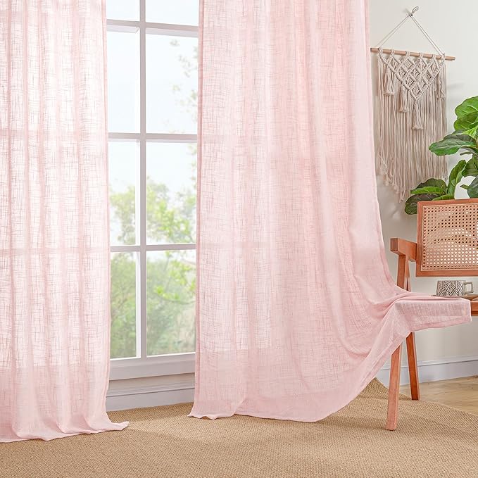 LAMIT 40 Inch Length Linen Curtains for Small Windows, Semi Sheer Light Filtering Panels Back Tab and Rod Pocket Neutral Drapes for Basement/Window/Kids Room, Pink, 2 Panels, 34 x 40 Inch